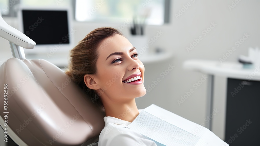 Image of pretty young woman sitting in dental chair at medical center while professional doctor fixing her teeth