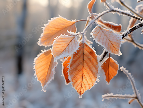 frosted red alder leaves in the winter woods