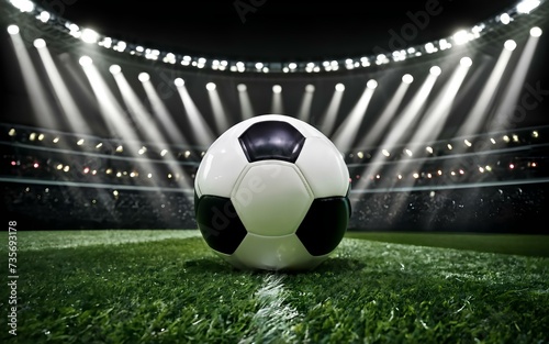 Soccer Ball in a Stadium with Lights. A classic black and white soccer ball on green grass in the center of a stadium. Generative ai © mdbhraju76