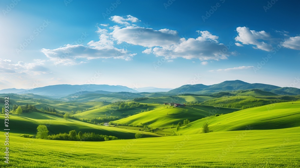 Panorama of beautiful countryside of romania. sunny afternoon. wonderful springtime landscape in mountains. grassy field and rolling hills. rural scenery