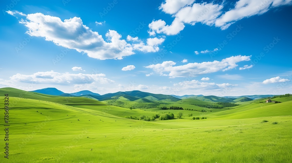 Panorama of beautiful countryside of romania. sunny afternoon. wonderful springtime landscape in mountains. grassy field and rolling hills. rural scenery