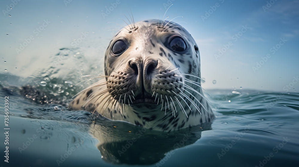 Portrait of a very cute young seal looking at you with his big dark eyes from the water of a pool