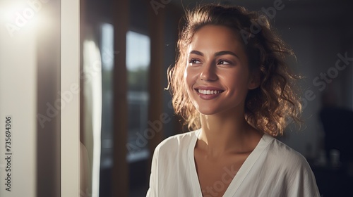 Woman looking in the mirror and smiling after checkup at dentist office