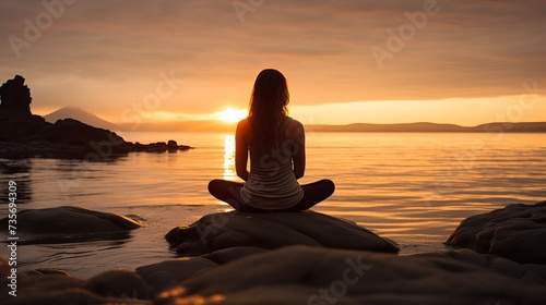 Woman meditating against a beautiful sunset. Mind body spirit.