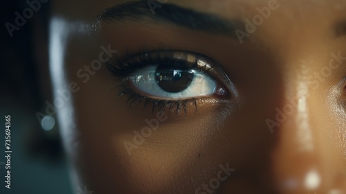 Woman with protective glasses showing one eye in front of camera, brown eye blinking and focusing sight. Person wearing safety goggles, with half of face. Genetic anatomy. Close up