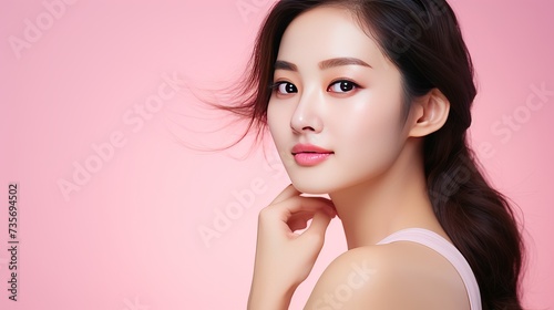 Young Asian beauty woman pulled back hair with korean makeup style touch her face and perfect skin on isolated pink background. Facial treatment, Cosmetology, plastic surgery