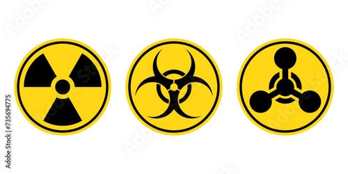 Radiation sign, Biohazard sign, Chemical Weapons Sign. Vector illustration