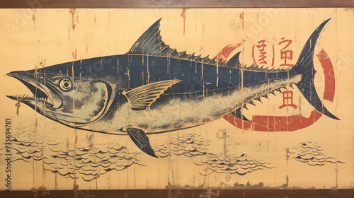  Japanese Wabi-sabi artistic representation of a Bluefin tuna for a restaurant sign photo