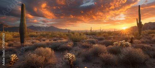 Beautiful scenic desert landscape with cactus plants at sunset photo