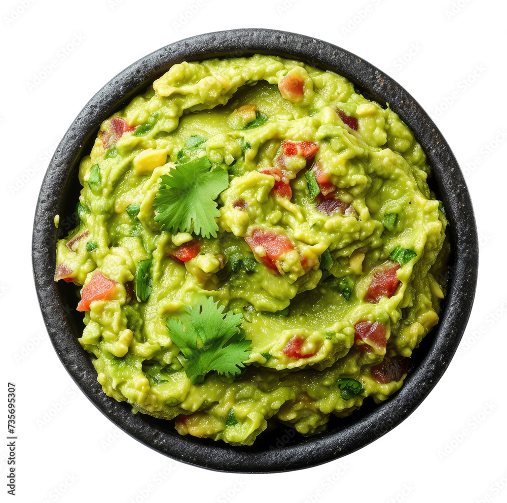 Black bowl with guacamole isolated on transparent background, top view