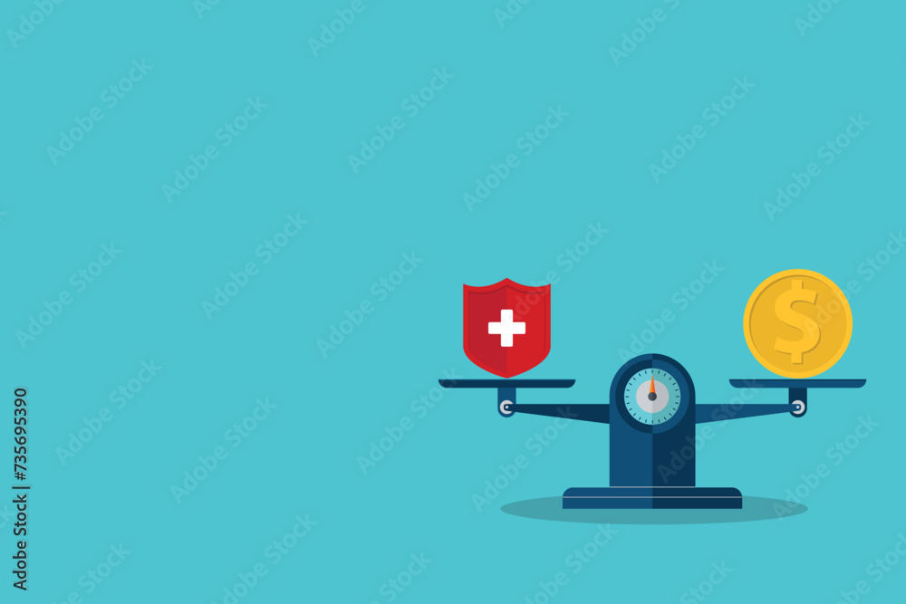 Obraz premium Medical cross and dollar coin on scales. Expensive health insurance concept.