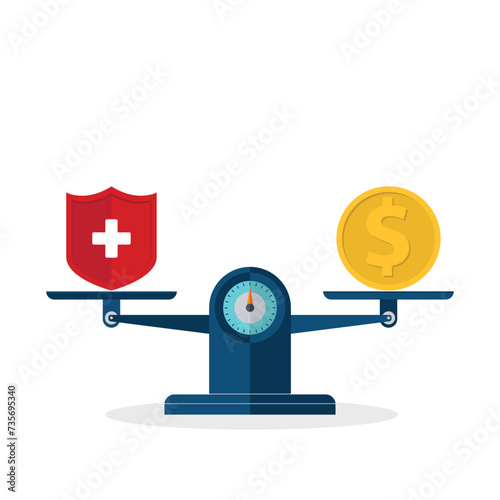 Medical cross and dollar coin on scales. Expensive health insurance concept.	