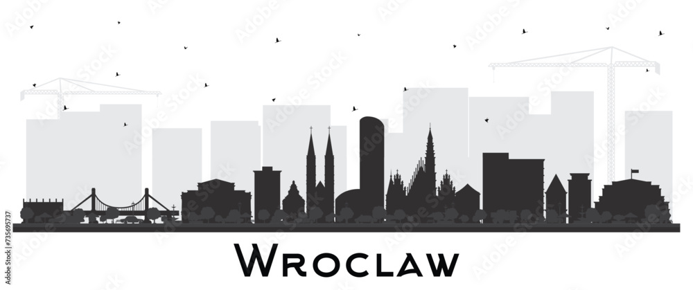 Wroclaw Poland City Skyline silhouette with black buildings isolated on white. Wroclaw Cityscape with Landmarks. Business Travel and Tourism Concept with Historic Architecture.