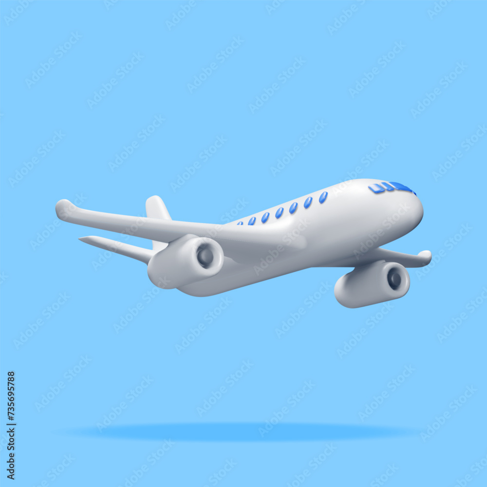 Fototapeta premium 3D White Realistic Airplane Isolated on Blue Background. Render Passenger or Commercial Jet Icon. Time for Travel Concept. Traveling Booking Agency and Airlines. Holiday Vacation. Vector Illustration