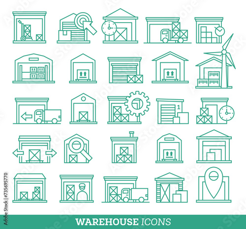 Icons with warehouse buildings. Linear icons. Simple icons isolated on white background.