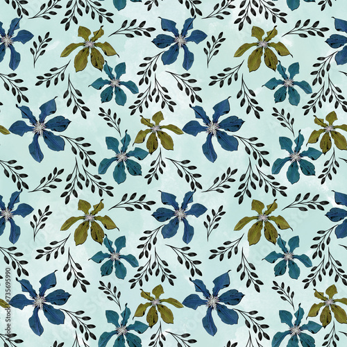 Seamless floral pattern. Blue, olive flowers on a light background.