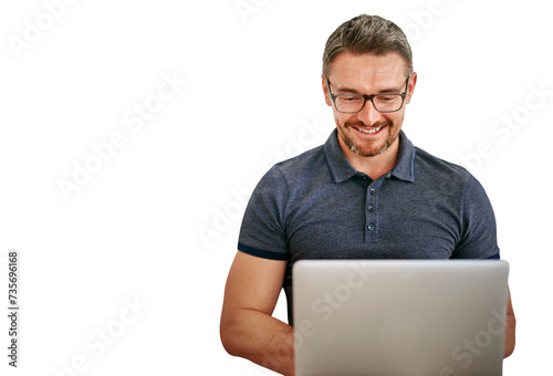 Mature happy man, laptop and information technology with software update or coding on png transparent background. Problem solving, cybersecurity and management at startup for programming and internet