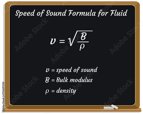 Speed of Sound Formula for Fluid on a black chalkboard. Education. Science. Formula. Vector illustration.
