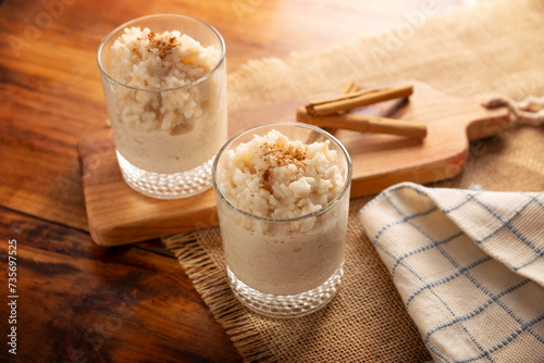 Rice pudding. Sweet dish made by cooking rice in milk and sugar, some recipes include cinnamon, vanilla or other ingredients, it is a very easy dessert recipe and very popular all over the world.