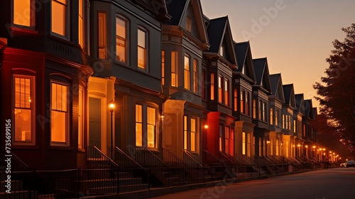 A row of townhouses glowing warmly in the evening light  their windows reflecting the colors of the setting sun  creating a sense of comfort and warmth.