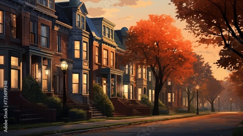 A row of townhouses in the city, their windows illuminated by the soft light of sunset, creating a cozy and inviting atmosphere as evening approaches.