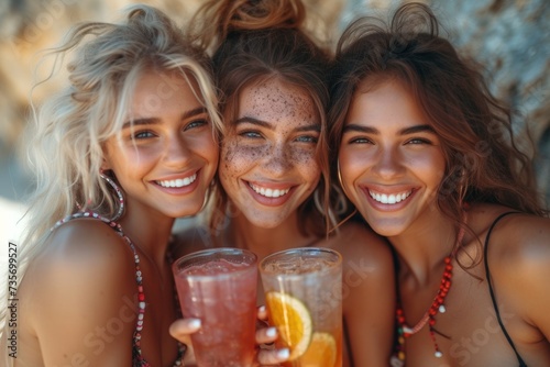 Three friends laughing with drinks on a sunny beach