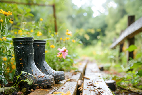 Rubber boots on the wooden flooring in the garden