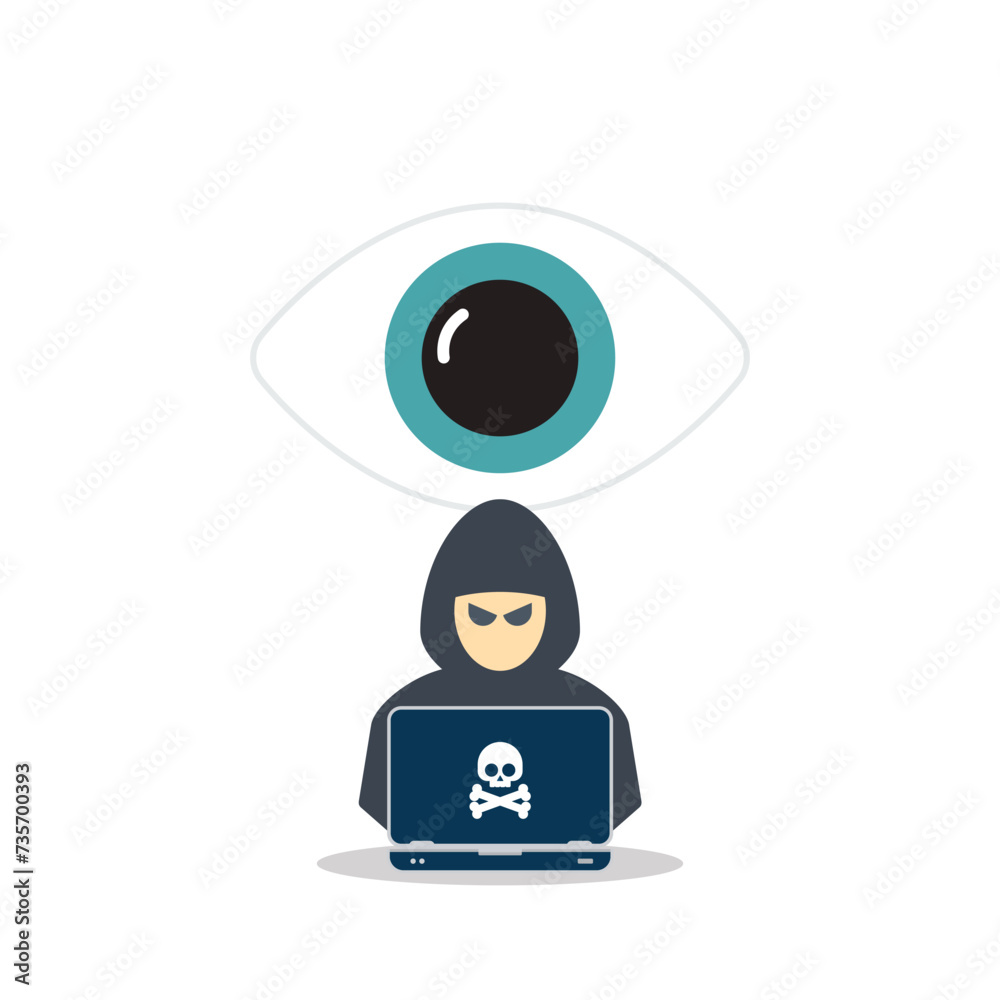 Hacker watching your every move on web. Hacker with laptop computer stealing confidential data, personal information and credit card detail. Hacking concept. Hacker watching your every move on web. Hacker with laptop computer stealing confidential data, personal information and credit card detail. Hacking concept.