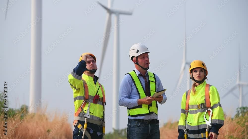 Engineer surveyor and manager wearing uniform walking holding box inspection and tablet work in wind turbine farms rotation to electricity, alternative renewable energy for clean power energy concept. Engineer surveyor and manager wearing uniform walking holding box inspection and tablet work in wind turbine farms rotation to electricity, alternative renewable energy for clean power energy concept.