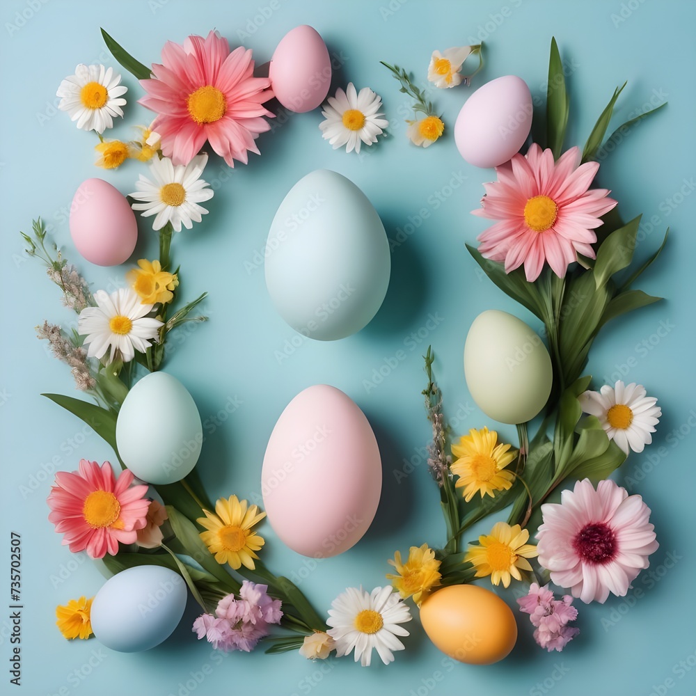Easter composition. Easter eggs, flowers, paper blank on pastel blue background. Flat lay, top view, copy space. Easter composition. Easter eggs, flowers, paper blank on pastel blue background. Flat lay, top view, copy space.