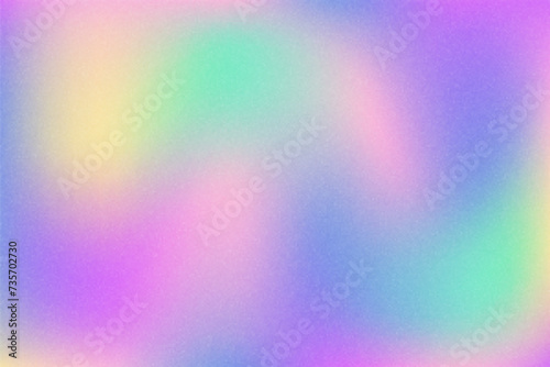 Holographic gradient textured background. Noisy light rainbow gradation. Soft colors grainy foil. Abstract blurred fluid wallpaper. Vector.