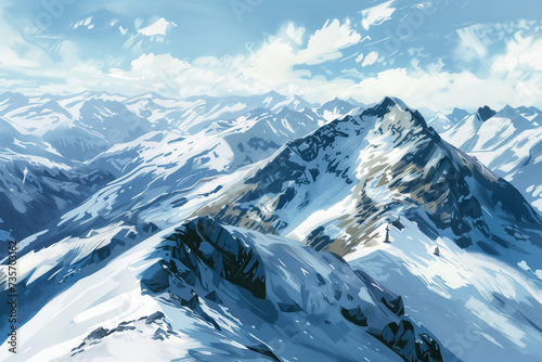 Illustration of snow-covered mountain range under a blue sky with scattered clouds © Wei Ze