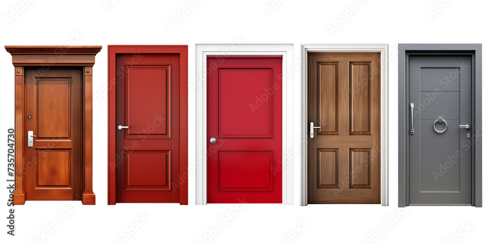 Fototapeta premium Set of home door elements for open and close isolated on transparent png background, interior design concept.