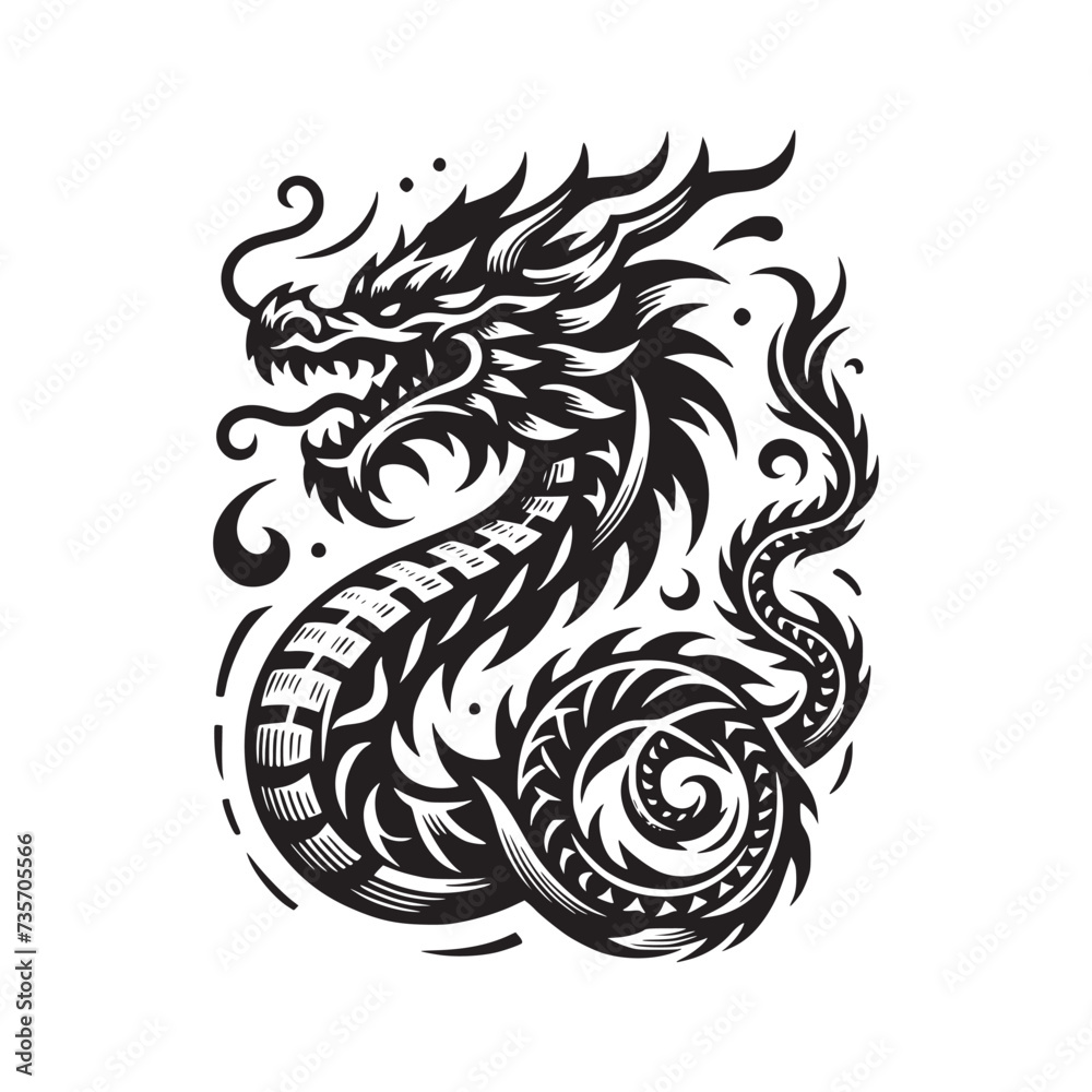 black and white tribal dragon tattoo vector illustration