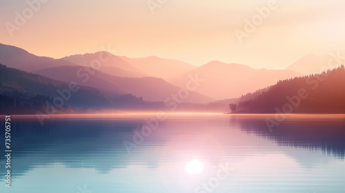 Hushed Glow: Sunrise Radiance Over a Mountain-Enveloped Lake © Artbotics