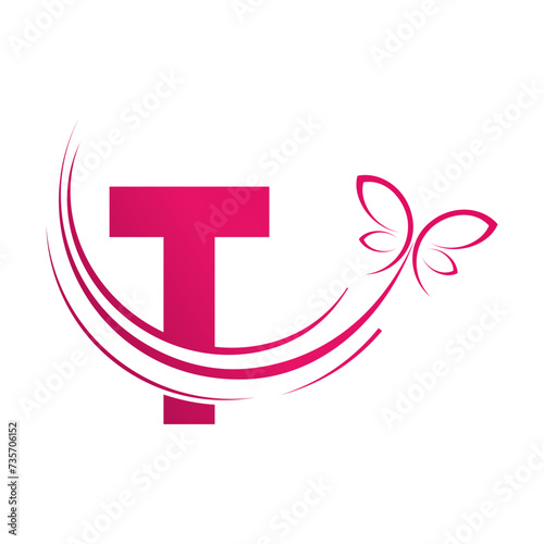 t Letter with butterfly design template illustration