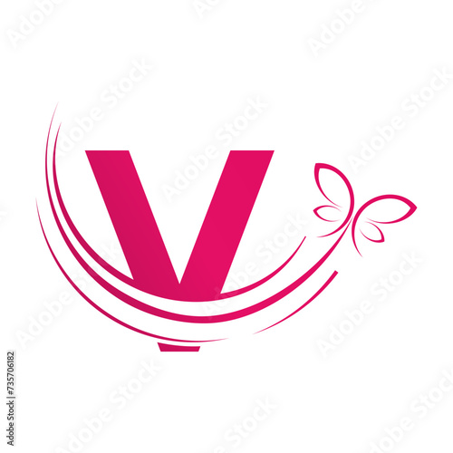 v Letter with  butterfly design template illustration