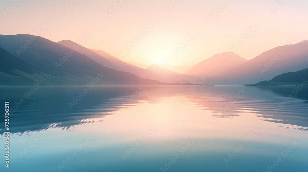 Ethereal Mountain Dawn: Soft Sunrise Over a Still Highland Lake