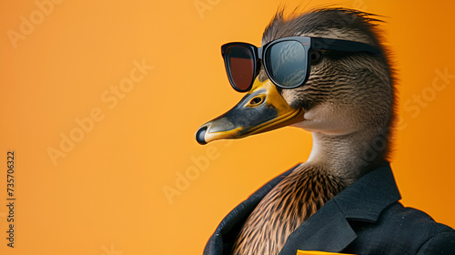 Animal duck portraits Cool business animal in sunglass, copy space, generative ai photo