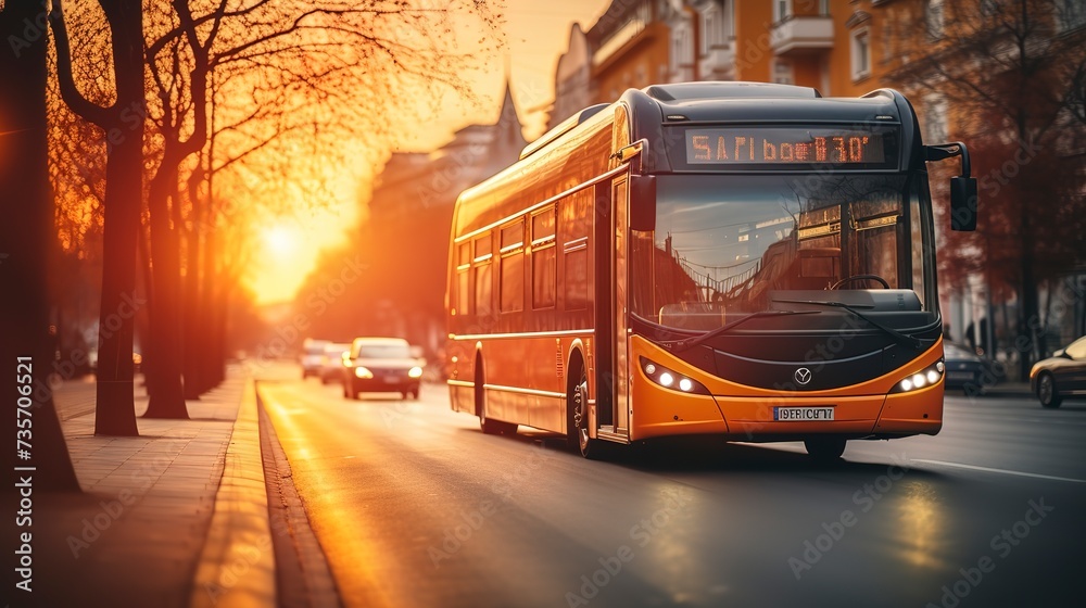 Public transport bus on the city street at sunset. Blurred motion. Travel concept  - obrazy, fototapety, plakaty 