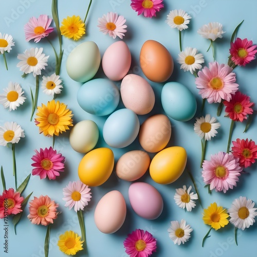 Easter composition. Easter eggs  flowers  paper blank on pastel blue background. Flat lay  top view  copy space.