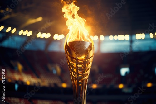 Burning fire on a metal stand on a black background. Close-up.Olympic flame, Ai generated photo