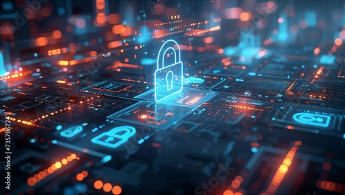 Futuristic screen display of icons lock symbol, technology and cybersecurity concept