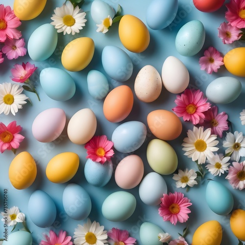 Easter composition. Easter eggs, flowers, paper blank on pastel blue background. Flat lay, top view, copy space.