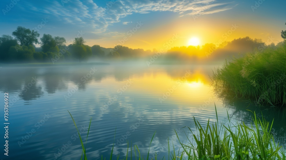 Luminous Beginnings: Golden Sunrise Over a Misty Lakeside with Reeds