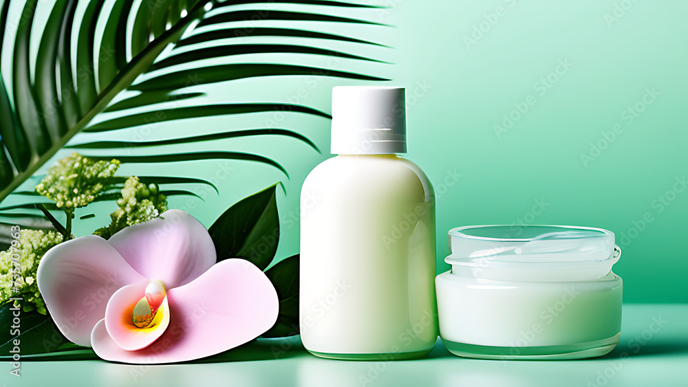 a jar of skin care cream in an ecological setting on a pastel background, macap
