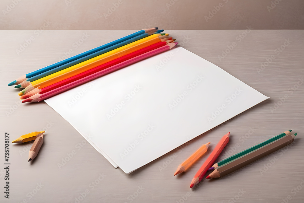 A blank white sheet and coloured pencils for drawing on a plain textured background design with space for copying and lettering design. A blank white sheet and coloured pencils for drawing on a plain textured background design with space for copying and lettering design.