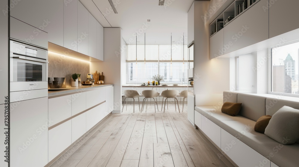 interior design is modern kitchen a room with white tones, and gray floors, and decorated with built-in furniture made from oak wood. equipped kitchen with a stylish sink, cabinet, stove, and oven interior design is modern kitchen a room with white tones, and gray floors, and decorated with built-in furniture made from oak wood. equipped kitchen with a stylish sink, cabinet, stove, and oven