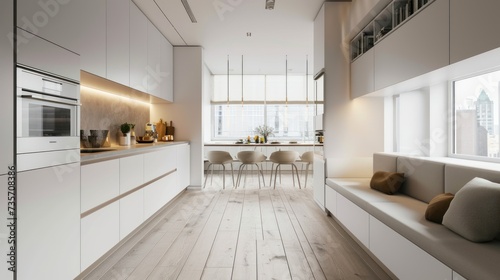 interior design is modern kitchen a room with white tones  and gray floors  and decorated with built-in furniture made from oak wood. equipped kitchen with a stylish sink  cabinet  stove  and oven