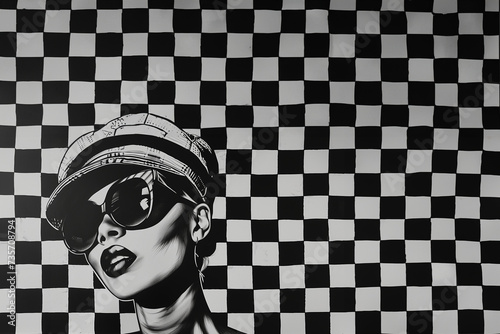2 tone ska girl, fan de ce style musical anglais des années 70 avec casquette et lunettes de soleil. Sur fond à carreaux noirs et blancs, avec espace négatif pour texte copyspace